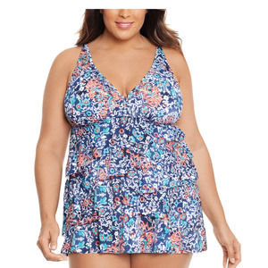 SWIM SOLUTIONS Blue Allover Slimming Floral V Neck Ruffled Swimdress 26 W